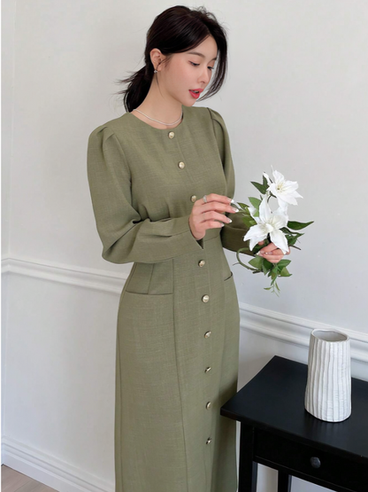 Groene Elegante Damesjurk met Pofmouwen & Knoopsluiting