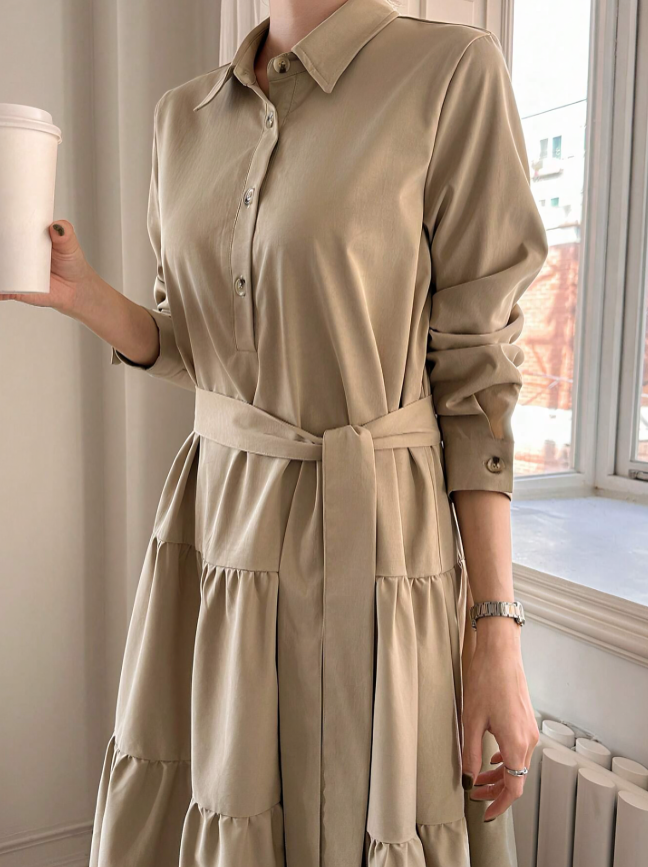 Khaki Damesjurk met Knoopsluiting & Lange Mouwen