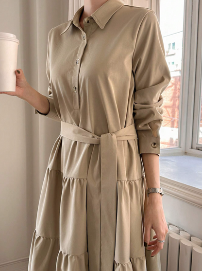 Khaki Damesjurk met Knoopsluiting & Lange Mouwen