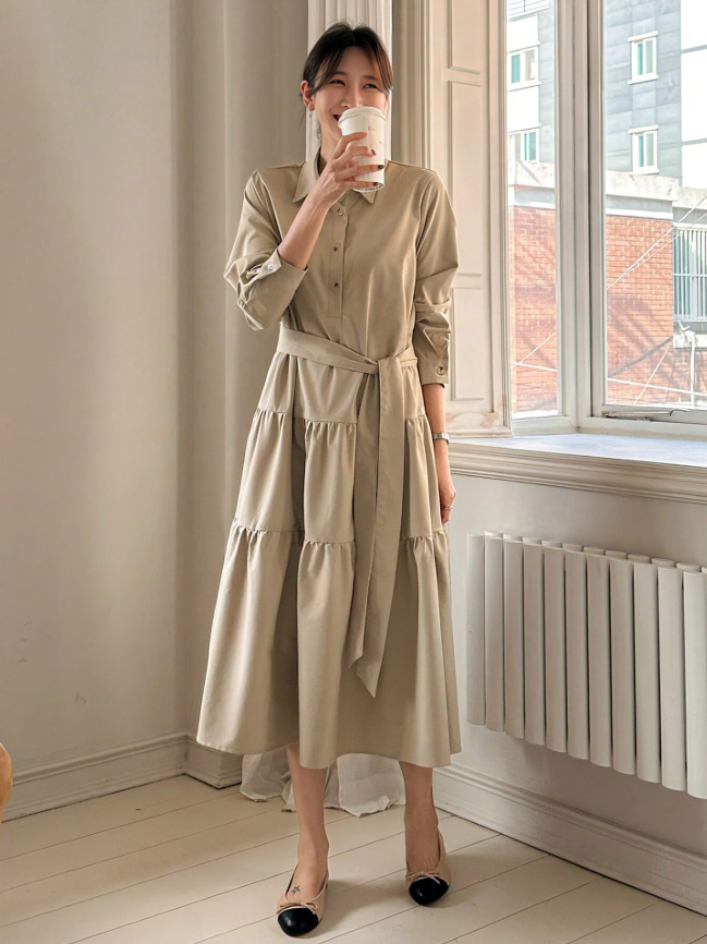 Khaki Damesjurk met Knoopsluiting & Lange Mouwen