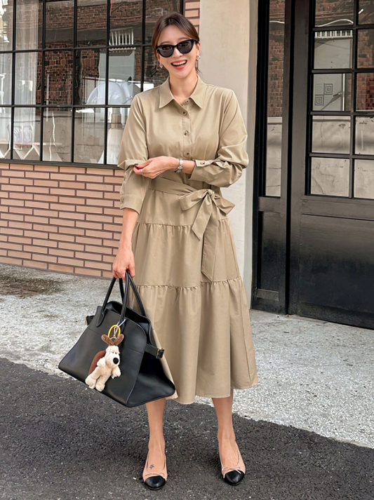 Khaki Damesjurk met Knoopsluiting & Lange Mouwen