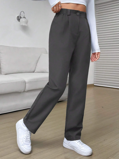 Grijze Minimalistische Casual Broek met Knoop Voorkant