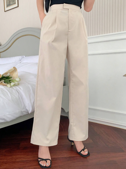 Beige Elegante Minimalistische Casual Broek met Knoopsluiting