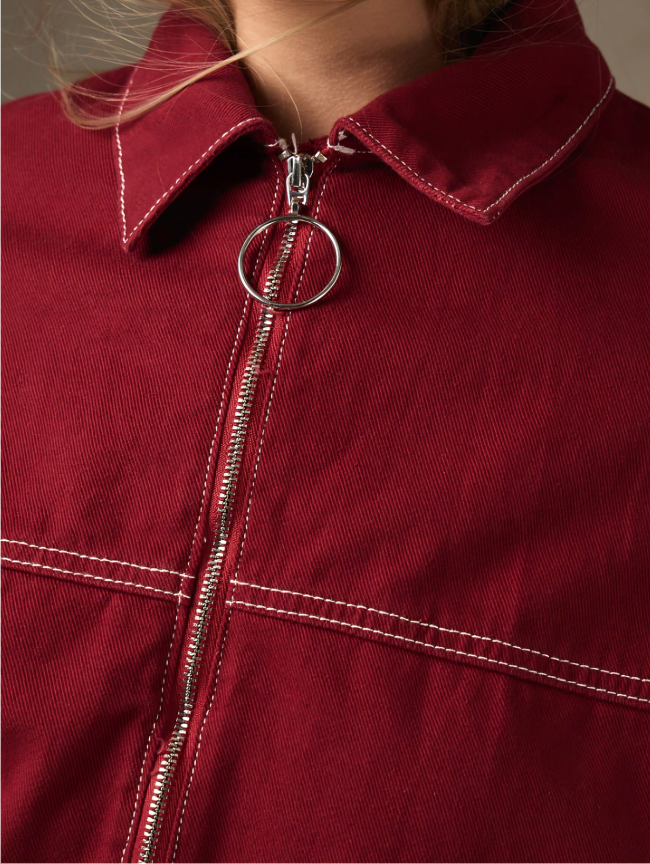 Rood Denim Bomberjack met Contrasterende Stiksels & Oversized Kraag