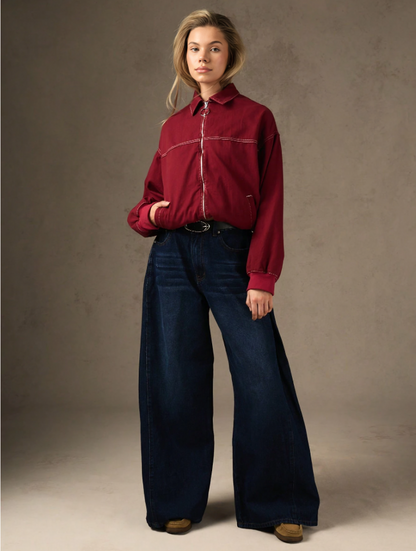 Rood Denim Bomberjack met Contrasterende Stiksels & Oversized Kraag