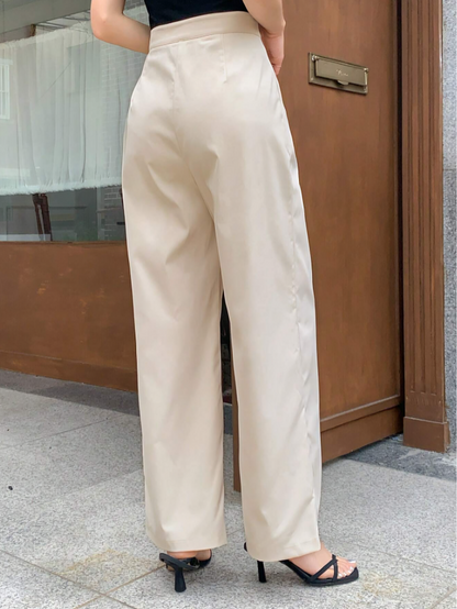 Beige Elegante Minimalistische Casual Broek met Knoopsluiting