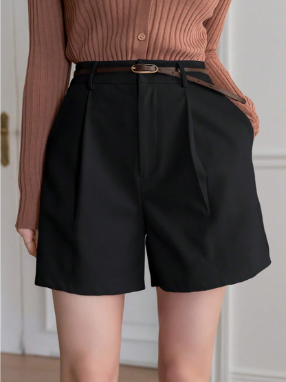 Zwarte Effen Hoge Taille Shorts met Plooien