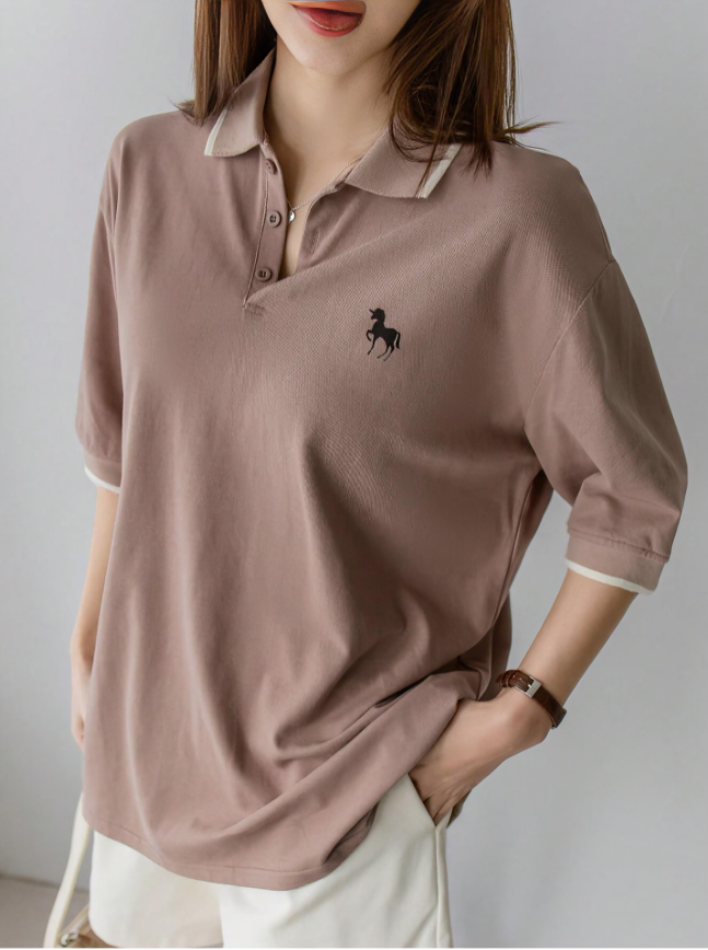 Koffiebruin Dames Poloshirt met Contrast Patchwork & Paardenpatroon