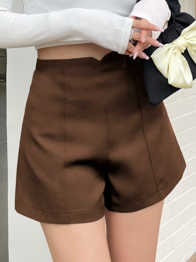 Chocoladebruine Effen Hoge Taille Shorts met Brede Pijpen