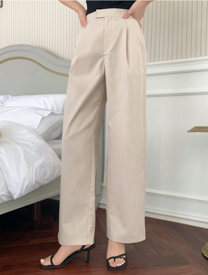 Beige Elegante Minimalistische Casual Broek met Knoopsluiting